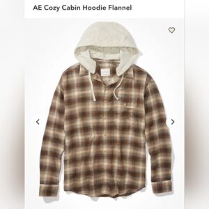 American Eagle Outfitters Brown Plaid Cabin Cozy Hoodie Flannel Shirt